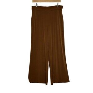 Three Dots Womens Brown Wide Leg Pants Sz LARGE Liquid Knit Pullon Dark Romantic